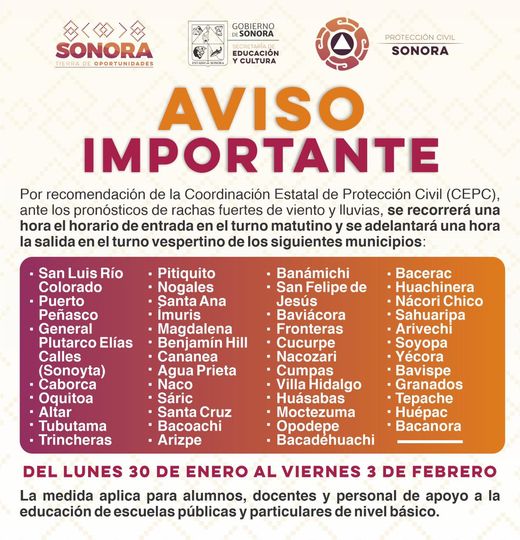 La SEC recorrerá el horario a clases en varios municipios de Sonora.