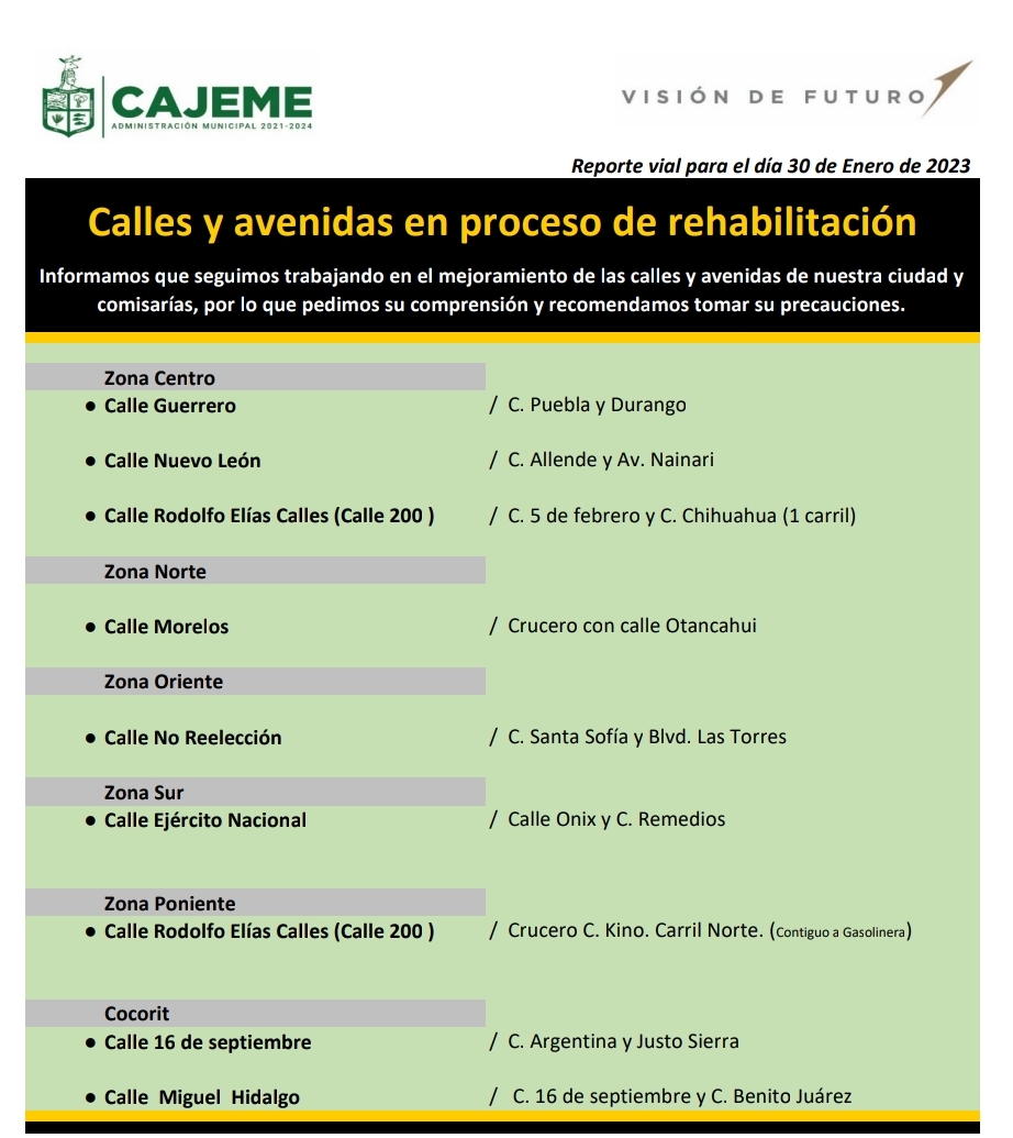 CALLES EN LAS QUE SE TRABAJA EN SU REHABILITACIÓN HOY 30 DE ENERO EN CD OBREGON.