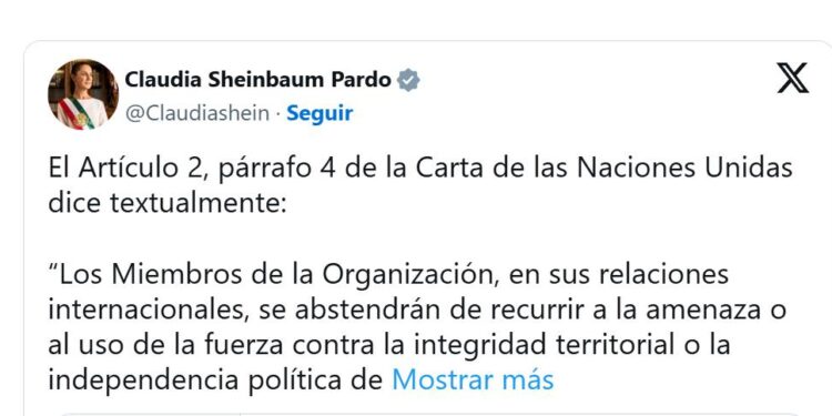 Claudia Sheinbaum rechaza Intervención armada de E.U. en Venezuela