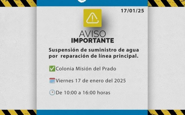 Suspensión de suministro de agua por reparación de línea principal