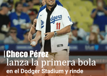 Checo Pérez lanza la primera bola en el Dodger Stadium y rinde homenaje a Fernando Valenzuela