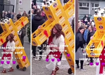 Representa viacrucis  con una cruz hecha con cajas de cervezas y provocó indignación en las redes