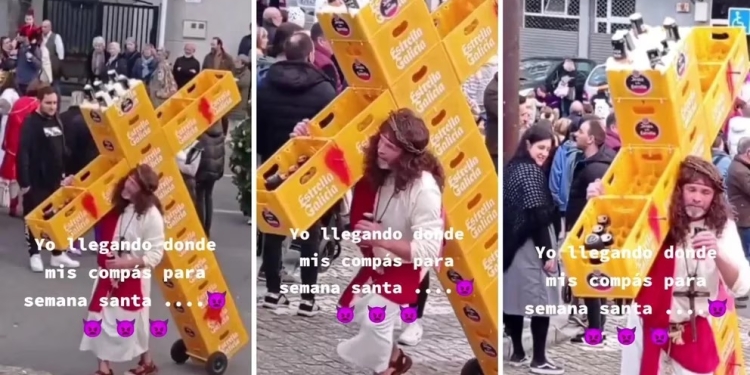 Representa viacrucis  con una cruz hecha con cajas de cervezas y provocó indignación en las redes