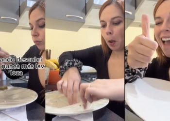 MUJER ENVUELVE TRASTES CON PLÁSTICO PARA EVITAR LAVARLOS