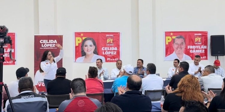 SE SUMAN SINDICATOS Y OBREROS DE CAJEME A LA FÓRMULA AL SENADO POR EL PT DE CELIDA LÓPEZ Y FROYLÁN GÁMEZ