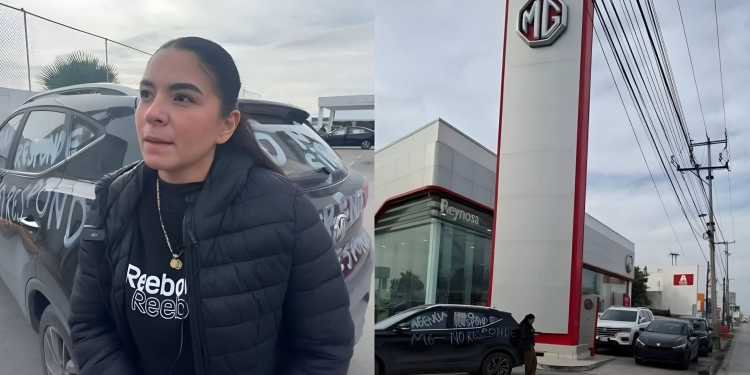 UNA MUJER DE TAMAULIPAS ESTÁ EN HUELGA AFUERA DE UNA AGENCIA DE MG