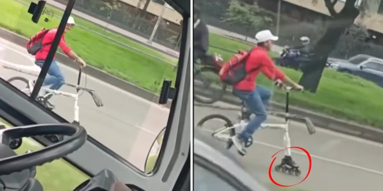 HOMBRE EN BOGOTÁ SORPRENDE CON BICICLETA ARTESANAL: REEMPLAZA RUEDA DELANTERA POR UN PATÍN Y ESTALLAN LAS REDES