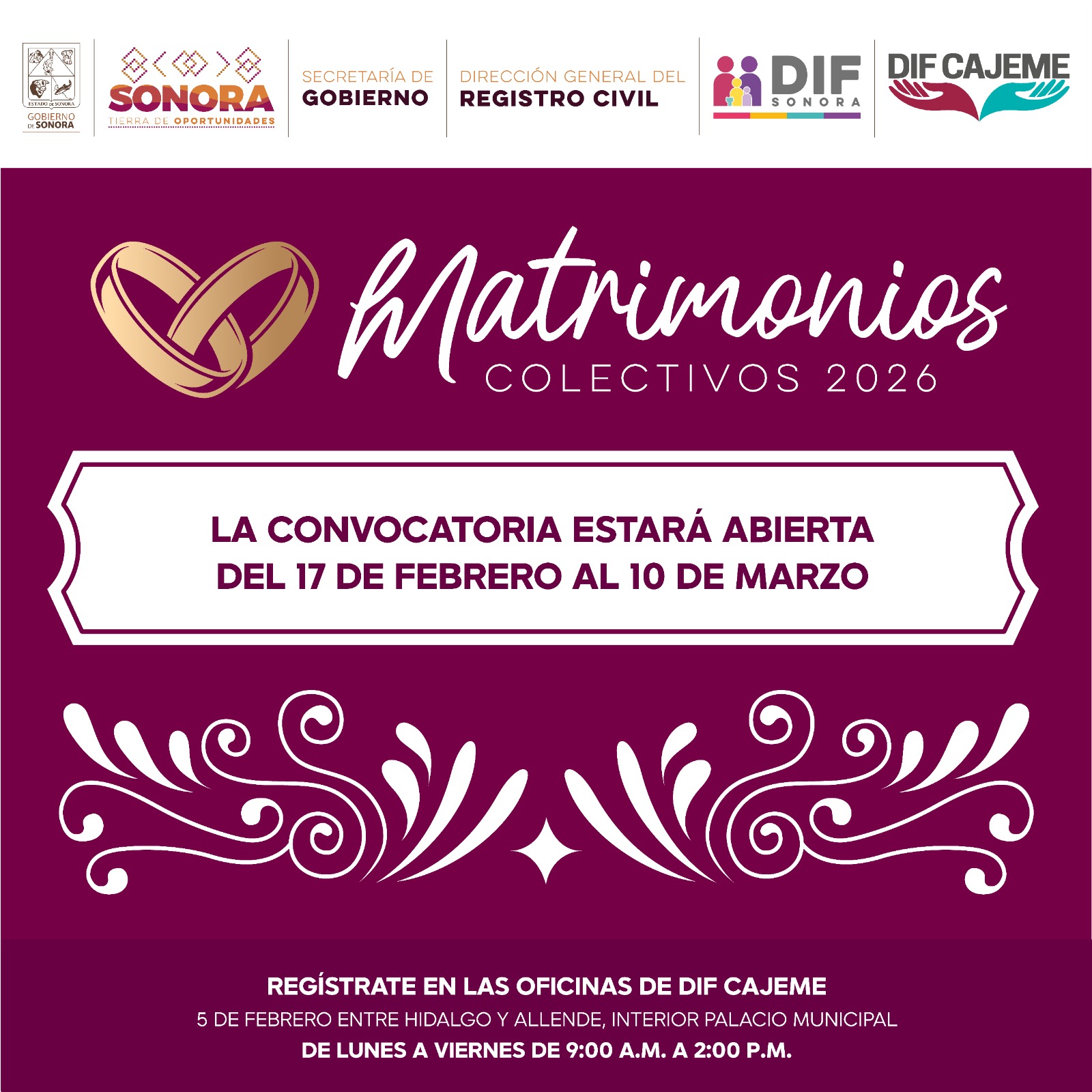 INVITA DIF CAJEME A PARTICIPAR EN LA CAMPAÑA MATRIMONIOS COLECTIVOS SONORA 2026