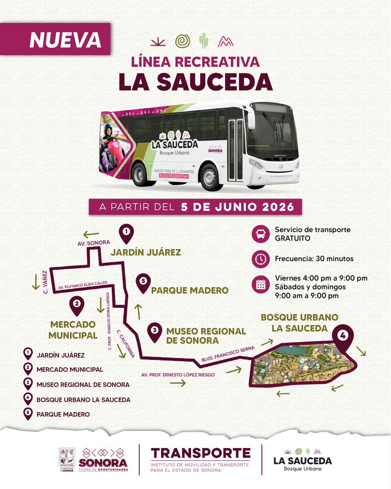 GOBIERNO DE SONORA IMPULSA NUEVA LÍNEA DE TRANSPORTE GRATUITA HACIA EL BOSQUE URBANO LA SAUCEDA