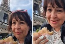 Mujer cumple su sueño de visitar la Torre Eiffel; celebra con una ‘tortita’.